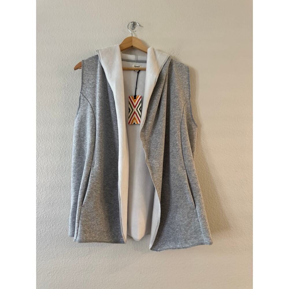 New New Dylan Hooded Open Front Cardigan Sweater Vest Womens M Gray Faux Fur